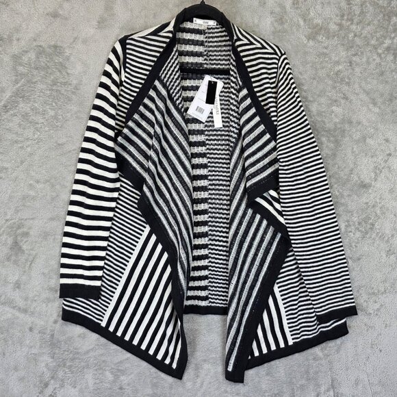 Sioni Cardigan Womens Large Black White Cashmere Blend Open Front Striped Draped - Picture 1 of 10